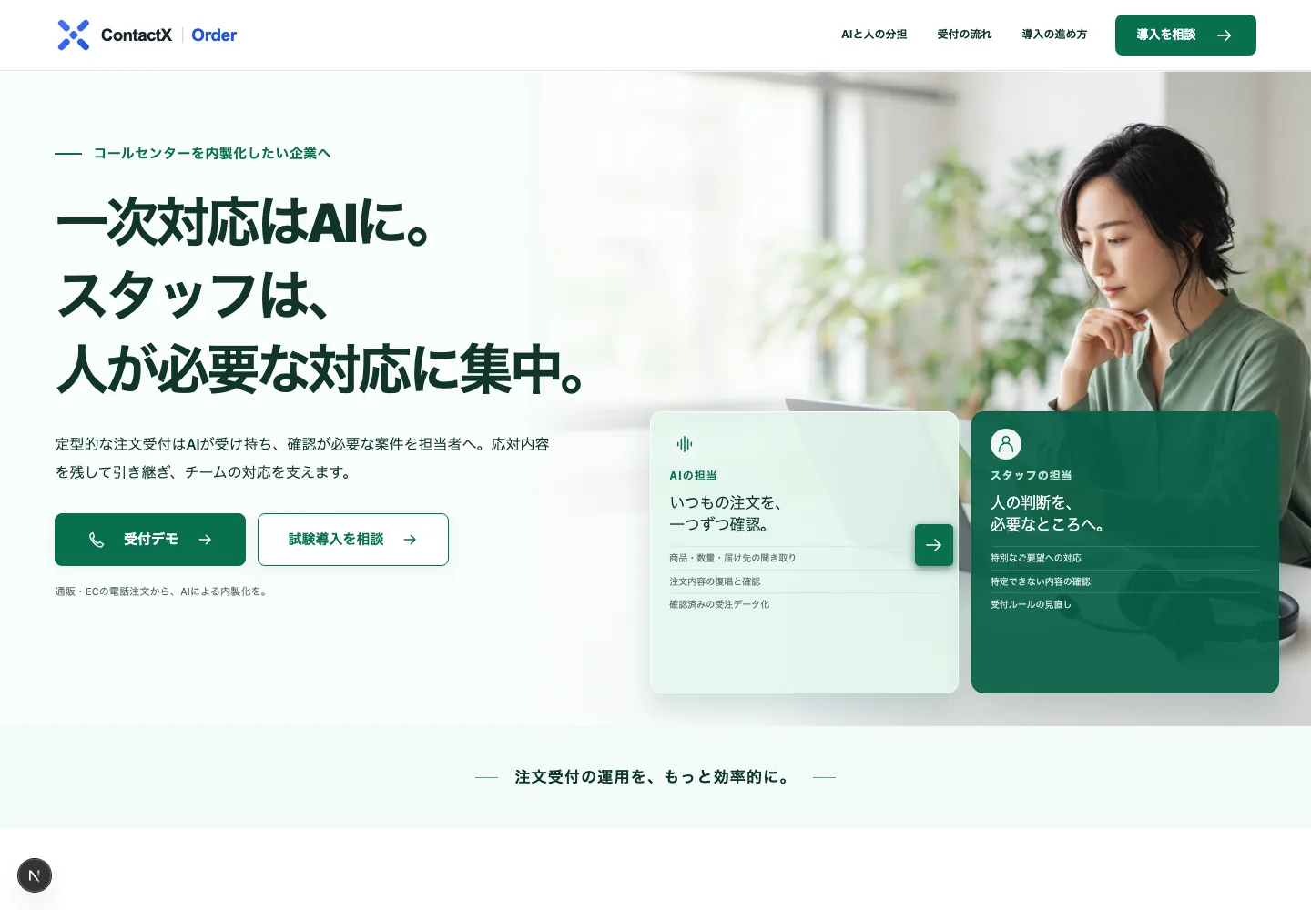 c案の実装画面:一次対応はAIに。スタッフは、人が必要な対応に集中。